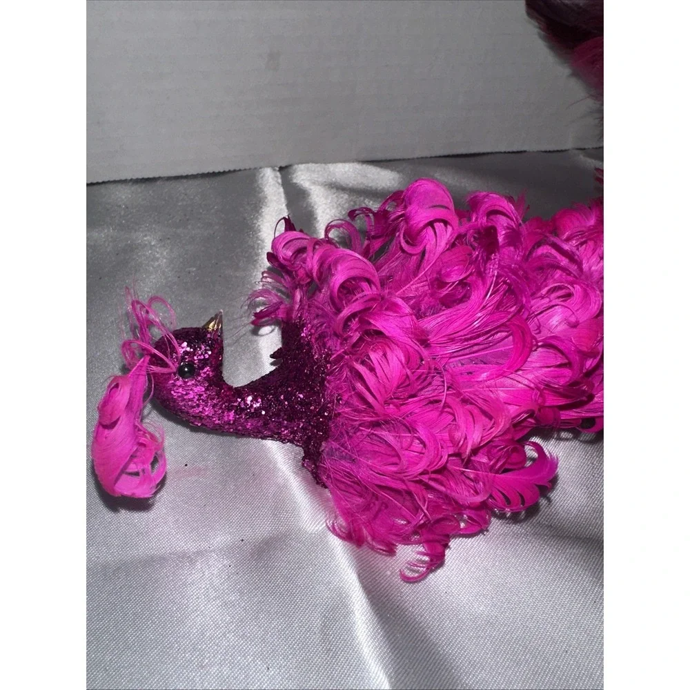 Pink Purple Glitter Peacock Feather Christmas Ornament Clip On Long Tail 16 Inch